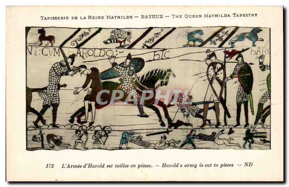 Tapisserie de la Reine Mathilde — Bayeux — scène de l'armée d'Harold taillée en pièces — éditeur Levy & Neuhuël, Paris, n° 173
