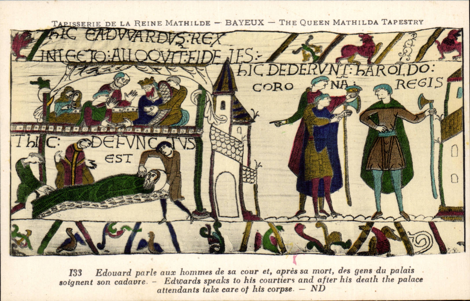 Tapisserie de la Reine Mathilde — Bayeux — The Queen Mathilda Tapestry — scène 133 : Edouard parle aux hommes de sa cour et, après sa mort, des gens du palais soignent son cadavre