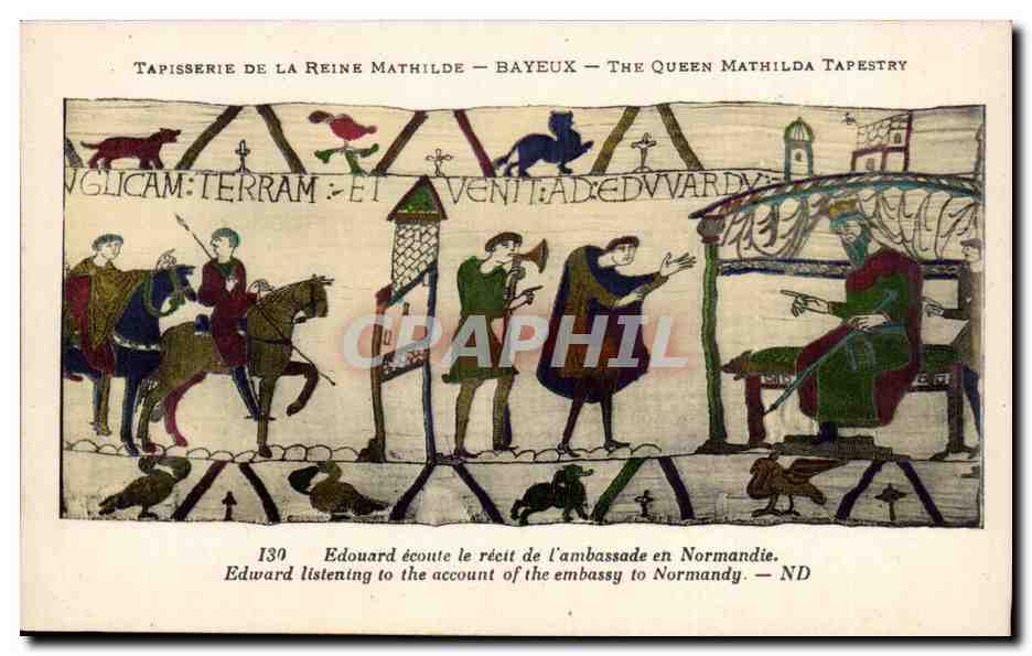 Tapisserie de la Reine Mathilde — Bayeux — The Queen Mathilda Tapestry — scène 130 : Edouard écoute le récit de l'ambassade en Normandie