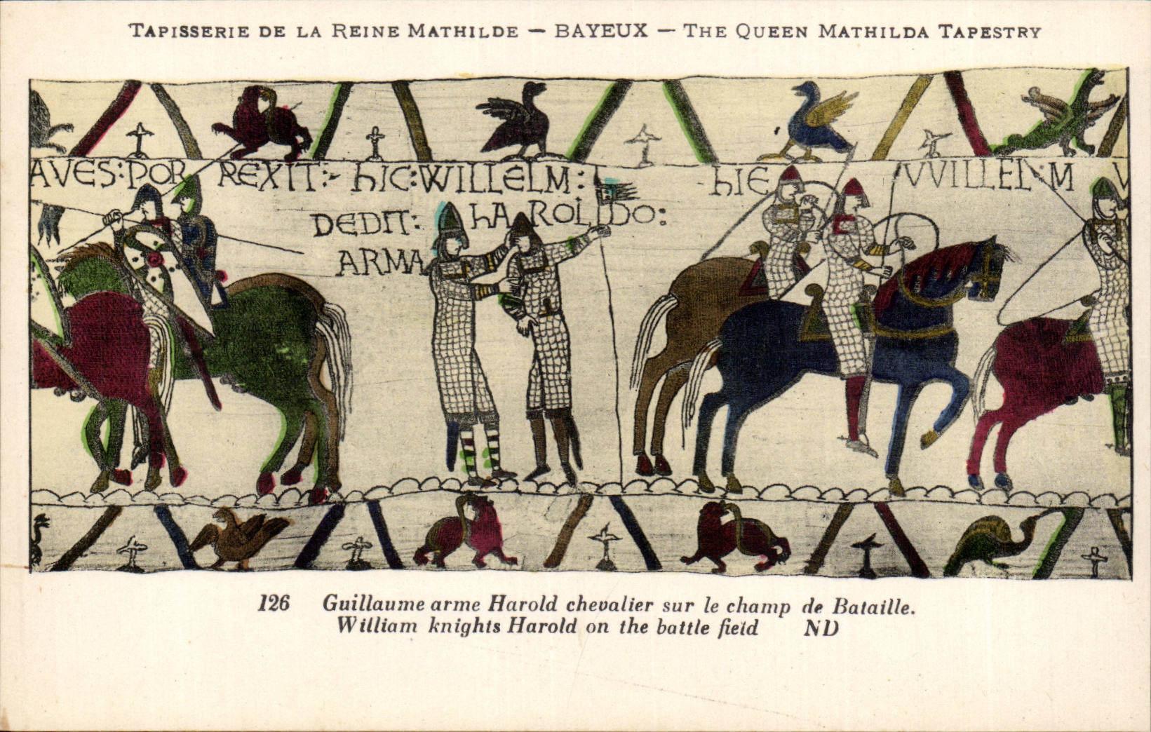 Tapisserie de la Reine Mathilde — Bayeux — The Queen Mathilda Tapestry — scène de Guillaume arme Harold chevalier sur le champ de Bataille — n°126