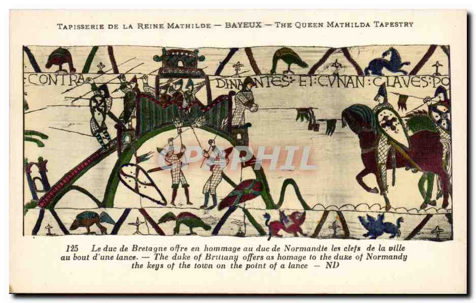 Tapisserie de la Reine Mathilde — Bayeux — The Queen Mathilda Tapestry — scène du duc de Bretagne offrant les clefs de la ville au duc de Normandie