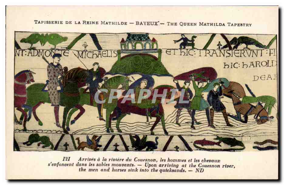 Tapisserie de la Reine Mathilde — Bayeux — The Queen Mathilda Tapestry — scène 121 : Arrivés à la rivière du Cuesnon, les hommes et les chevaux s'enfoncent dans les sables mouvants