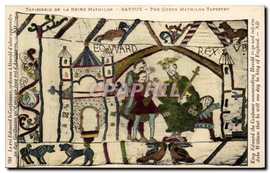 Tapisserie de la Reine Mathilde — Bayeux — scène d'Édouard le Confesseur ordonnant à Harold d'être couronné roi d'Angleterre