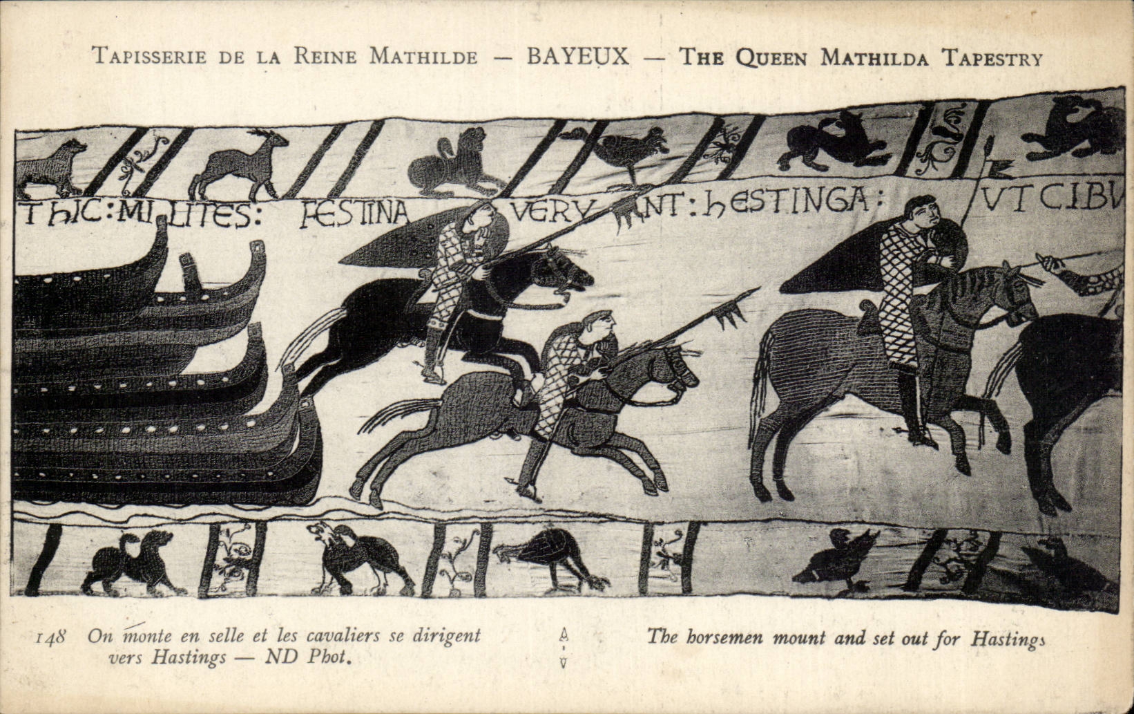 Tapisserie de la Reine Mathilde — Bayeux — The Queen Mathilda Tapestry — scène 148 : On monte en selle et les cavaliers se dirigent vers Hastings