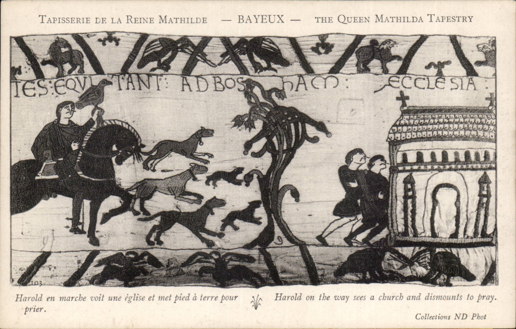 CPA Bayeux Tapisserie de la Reine Harold en marche voit une eglise et met pied a terre pour prier