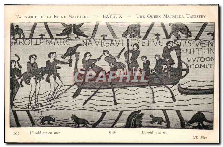 CPA Bayeux Tapisserie de Reine Mathilde Harold est en mer