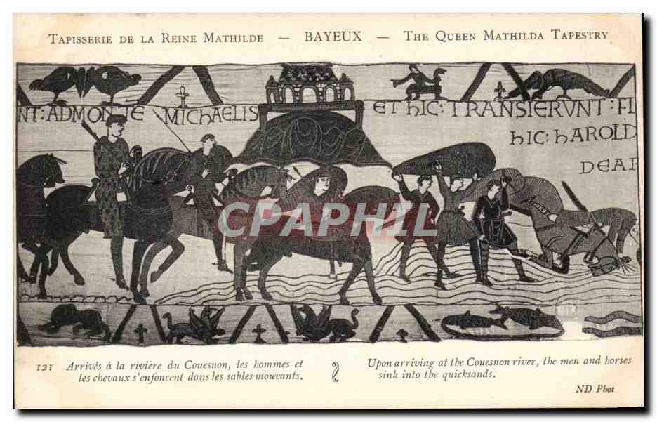 CPA Bayeux Tapisserie de la reine Mathilde Arrives a la riviere de Couesnon les hommes et les chevaux s'enfoncent 