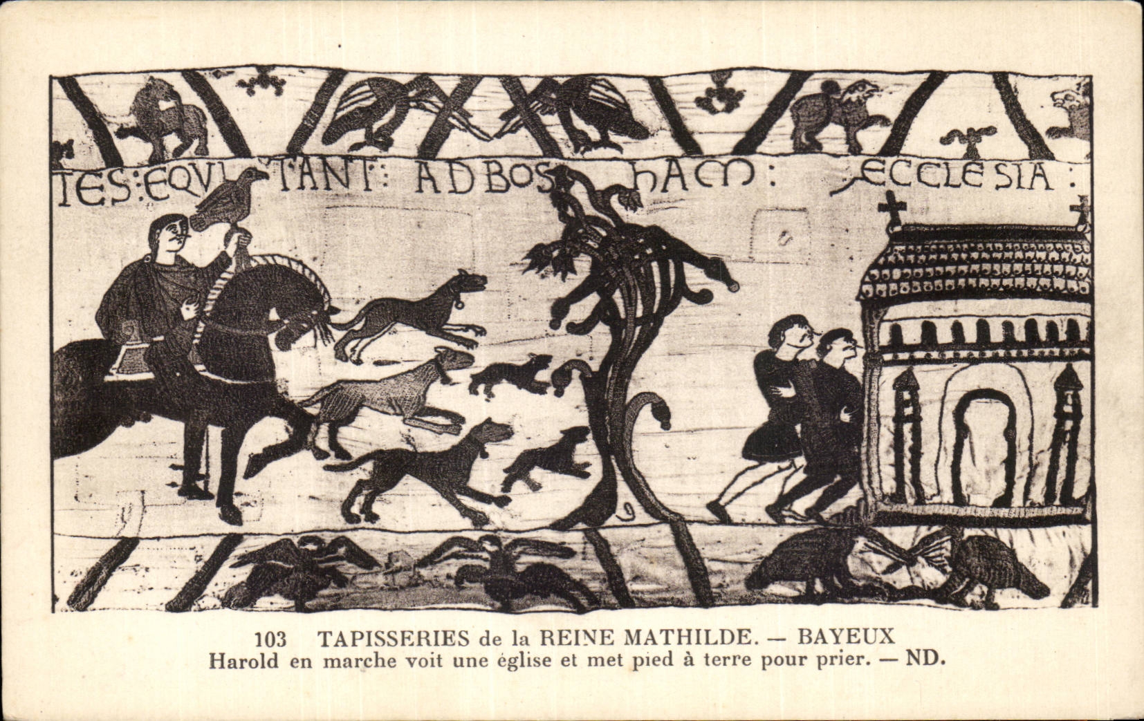 Tapisseries de la Reine Mathilde — Harold en marche voit une église et met pied à terre pour prier — Bayeux