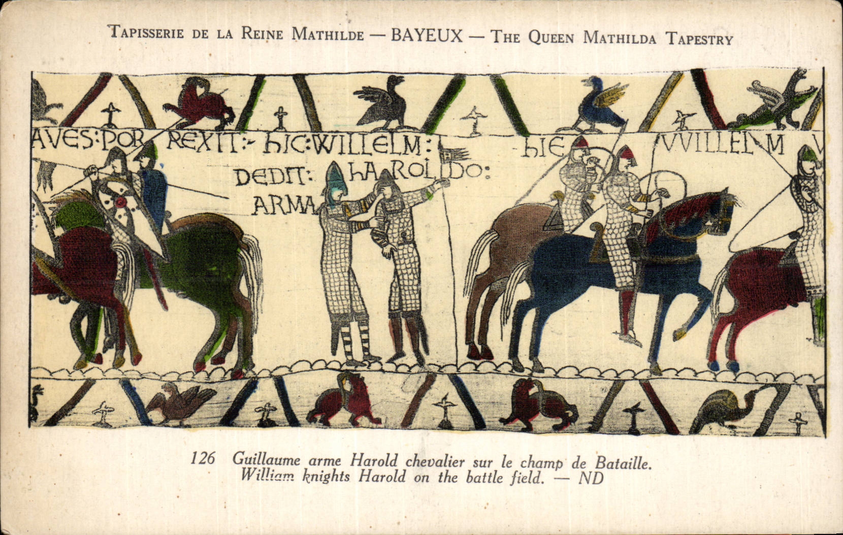 Tapisserie de la Reine Mathilde — Bayeux — The Queen Mathilda Tapestry — scène de William arme Harold chevalier sur le champ de Bataille