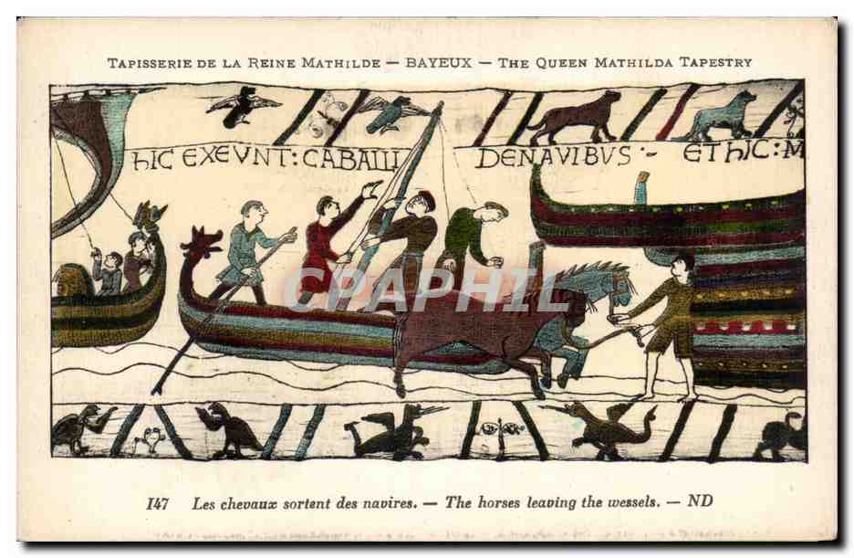 CPA Bayeux Tapisserie de la Reine Mathilde Les chevaux sortent des navires
