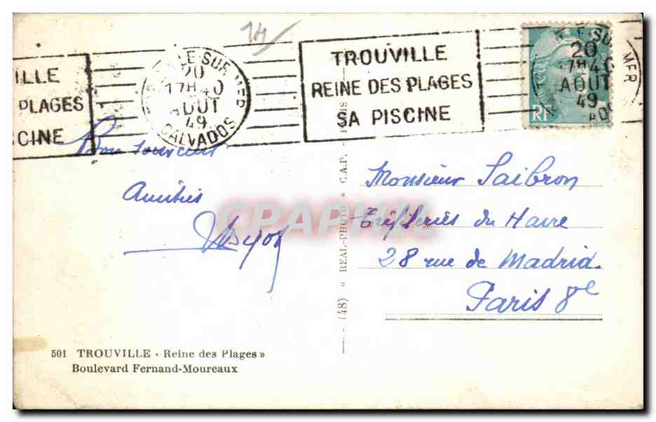 Vue de Trouville-sur-Mer — rivière et promenade — éditeur « REAL-PHOTO » n°501 — Rückseite