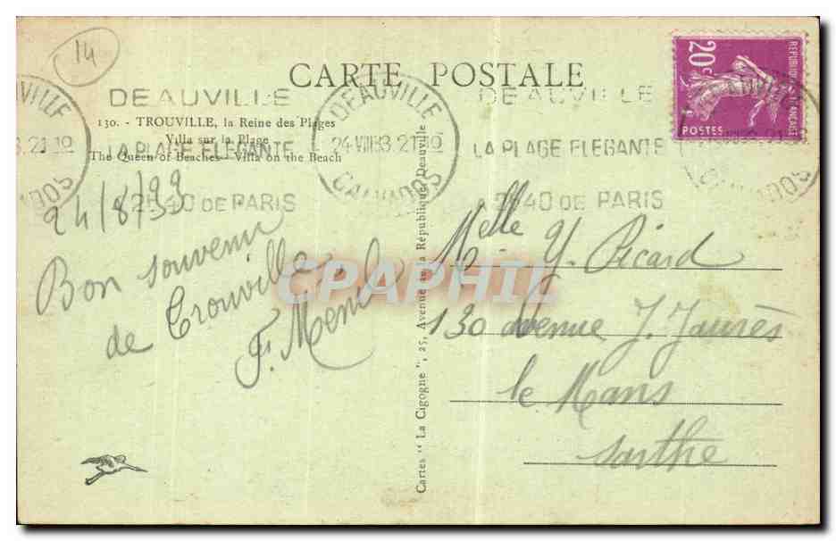 Trouville - La Plage Élégante — Villa sur la Plage — Cartes 'La Cigogne', n°130 — Verso