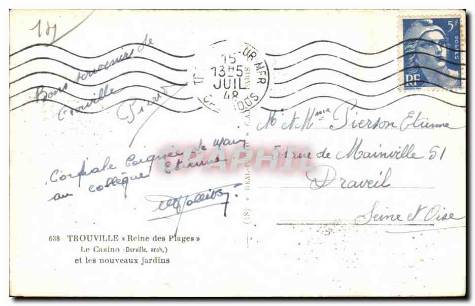 TROUVILLE — Le Casino et les nouveaux jardins — éditeur TROUVILLE « Reine des Plages » — Verso