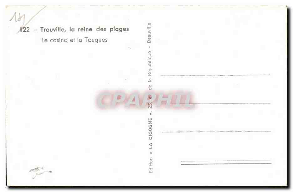 Trouville, la reine des plages — Le casino et la Touques — Édition « La Cigogne » — Verso