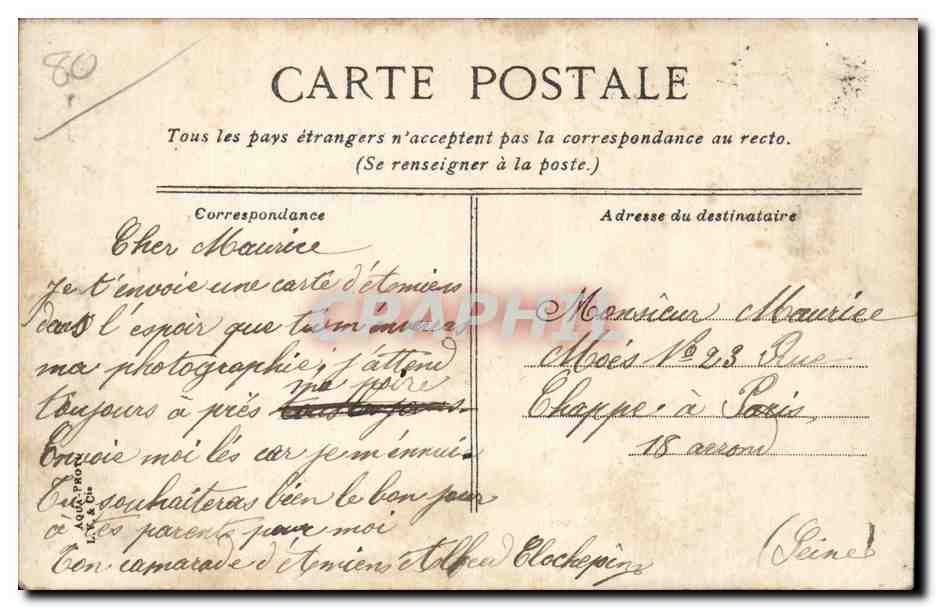 CPA Amiens L'hotel des postes — Rückseite