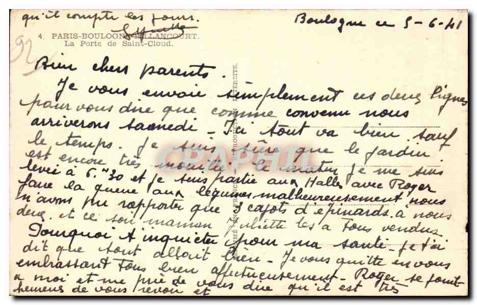 CPA Paris Boulogne Billancourt La porte de Saint Cloud — Rückseite