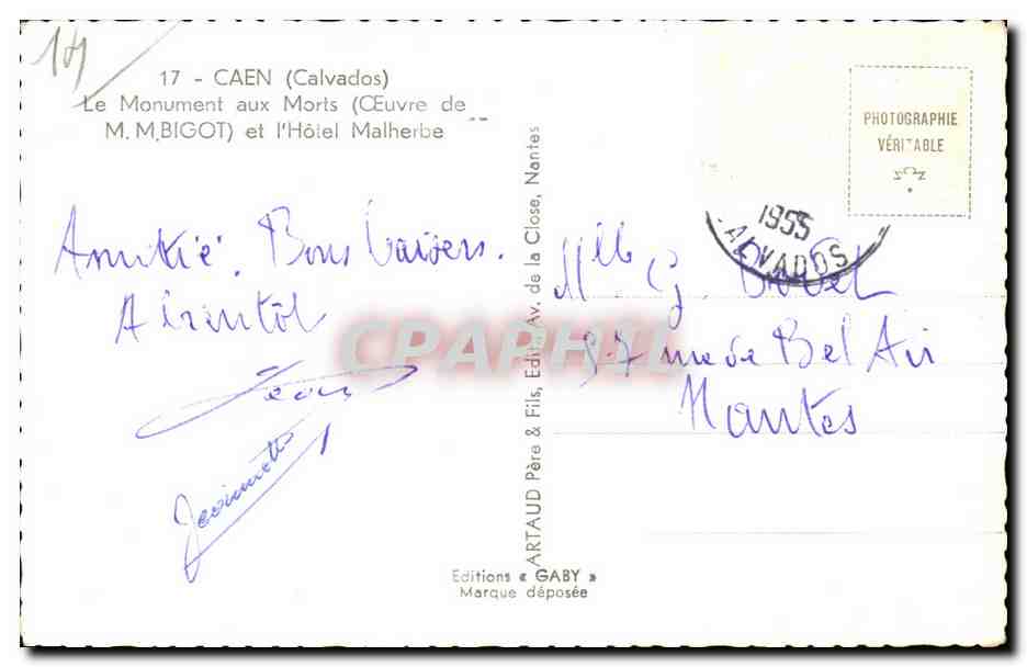 CPSM Caen Le monument aux morts et l'hotel Malherbe Galeries Lafayette — Verso