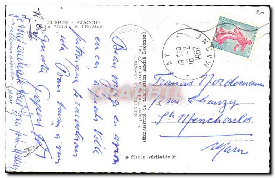Place de la Mairie à Ajaccio — éditeur La Cigogne, n° 20.004.26 — Rückseite