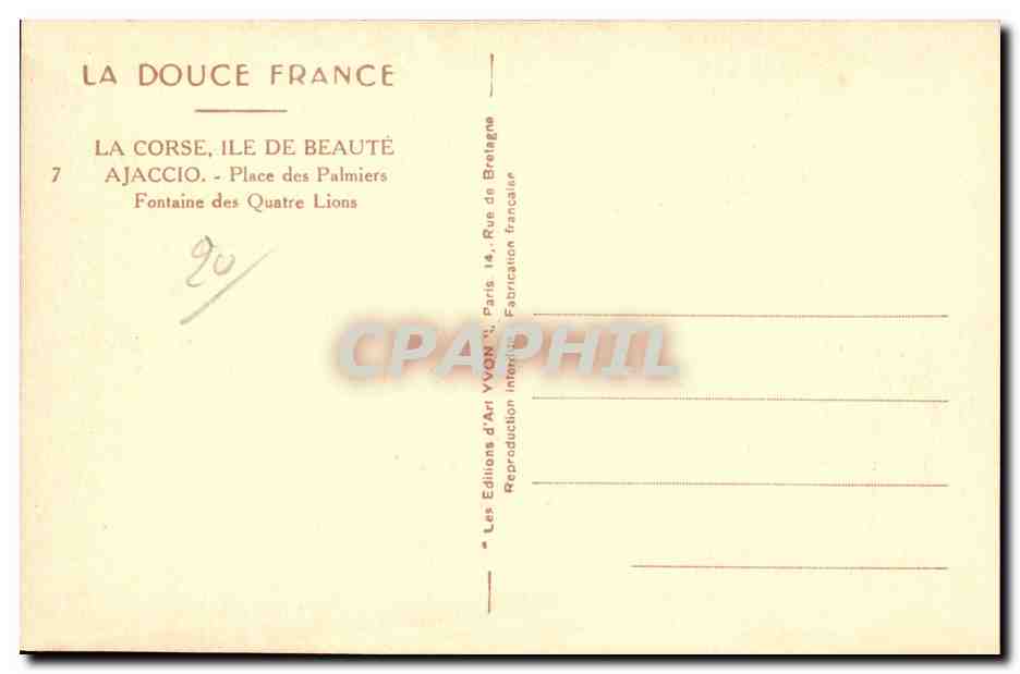 Ajaccio - Place des Palmiers - Fontaine des Quatre Lions — Les Éditions d'Art VVON, Paris — Rückseite