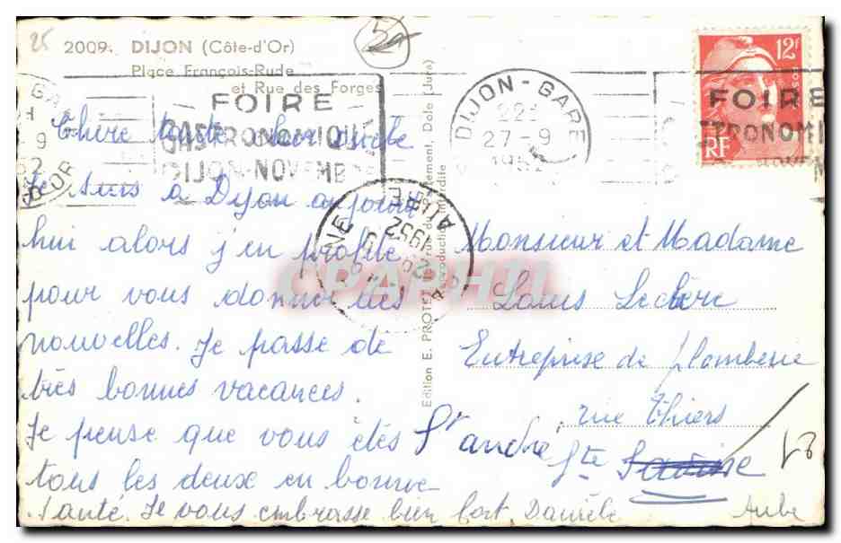 Dijon - Place Francais Rude et Rue des Forges - CPA  — Verso