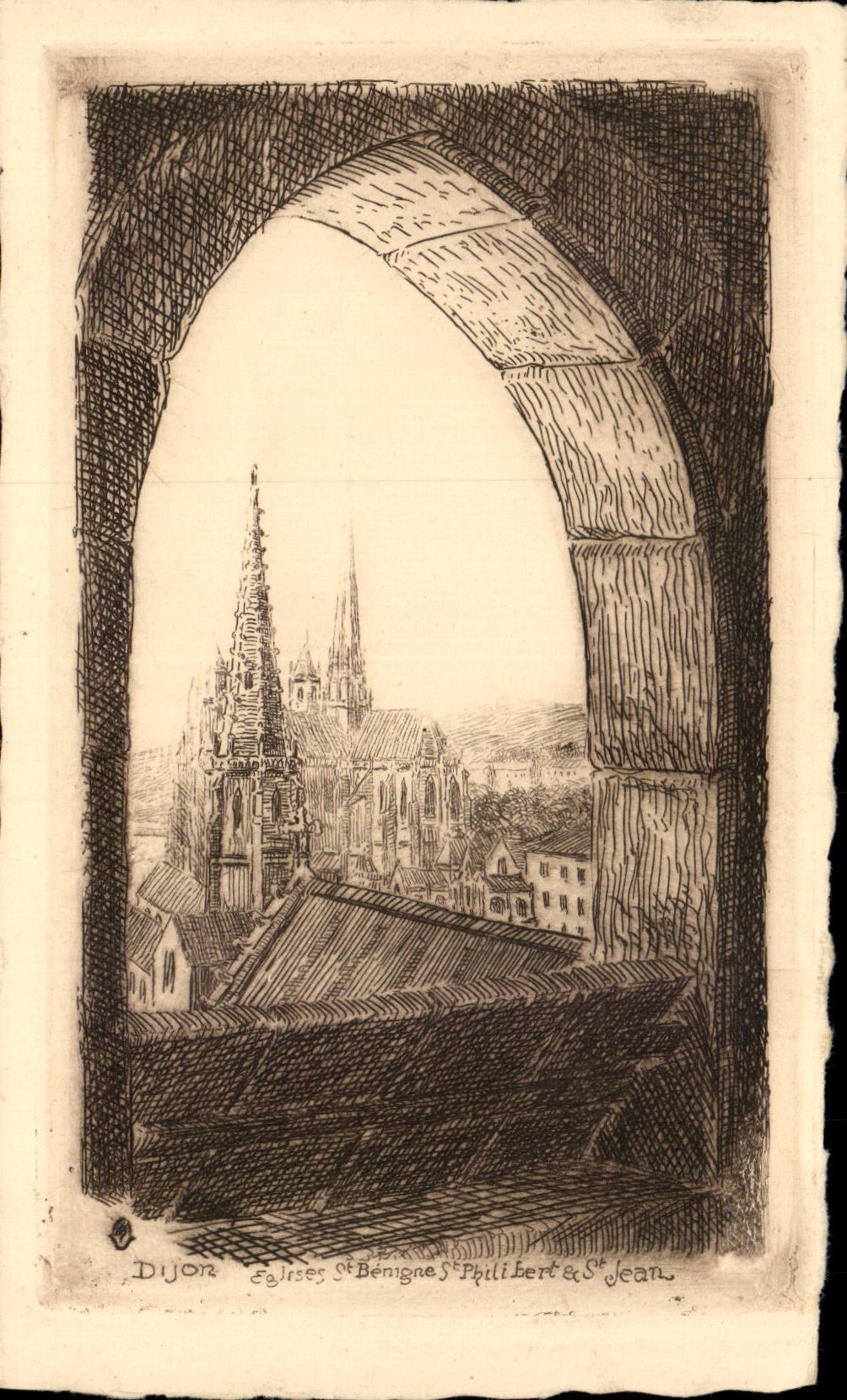 Dijon — Vue des églises Saint-Bénigne, Saint-Philibert & Saint-Jean — gravure