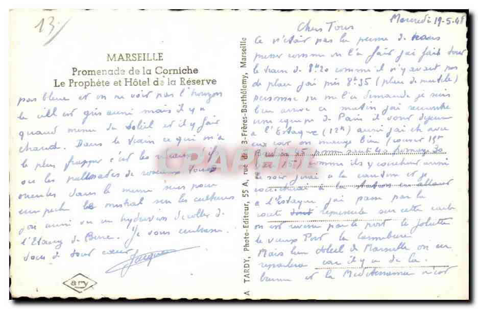 Marseille - Promenade de la Corniche - Le Prophete et Hotel de la Reseve - CPA  — Verso
