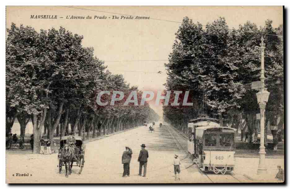 Marseille - L'Avenue du Prado - tramway - caleche - horse drawn carriage - CPA 