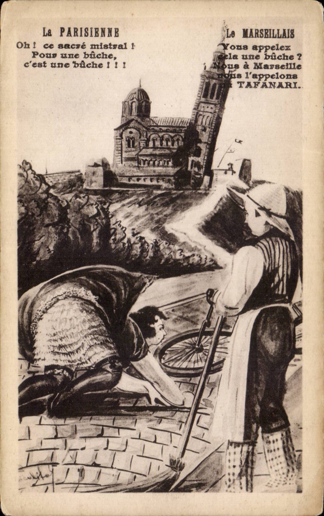 Parisienne et Marseillais — Jour de mistral — illustration humoristique