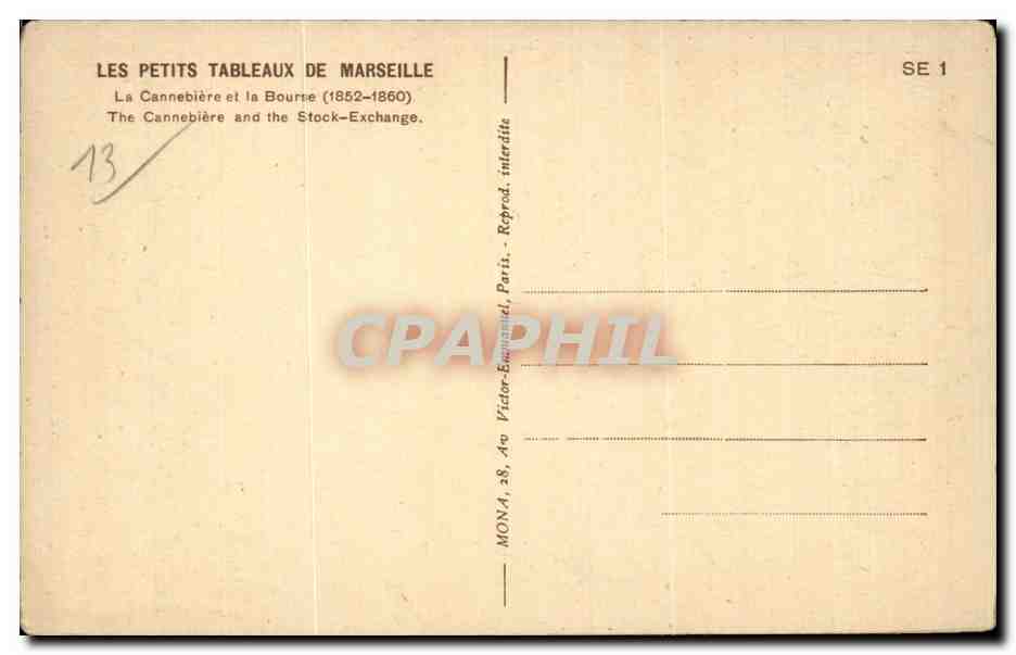 La Cannebière et la Bourse — Marseille — éditeur Mona, n° SE 1 — Achterkant