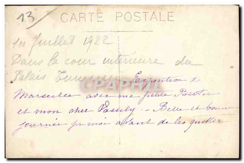 Cour intérieure du Palais Bemarcelle — Marseille — Exposition de Berthe — éditeur CPAPHIL, n°13 — Reverso