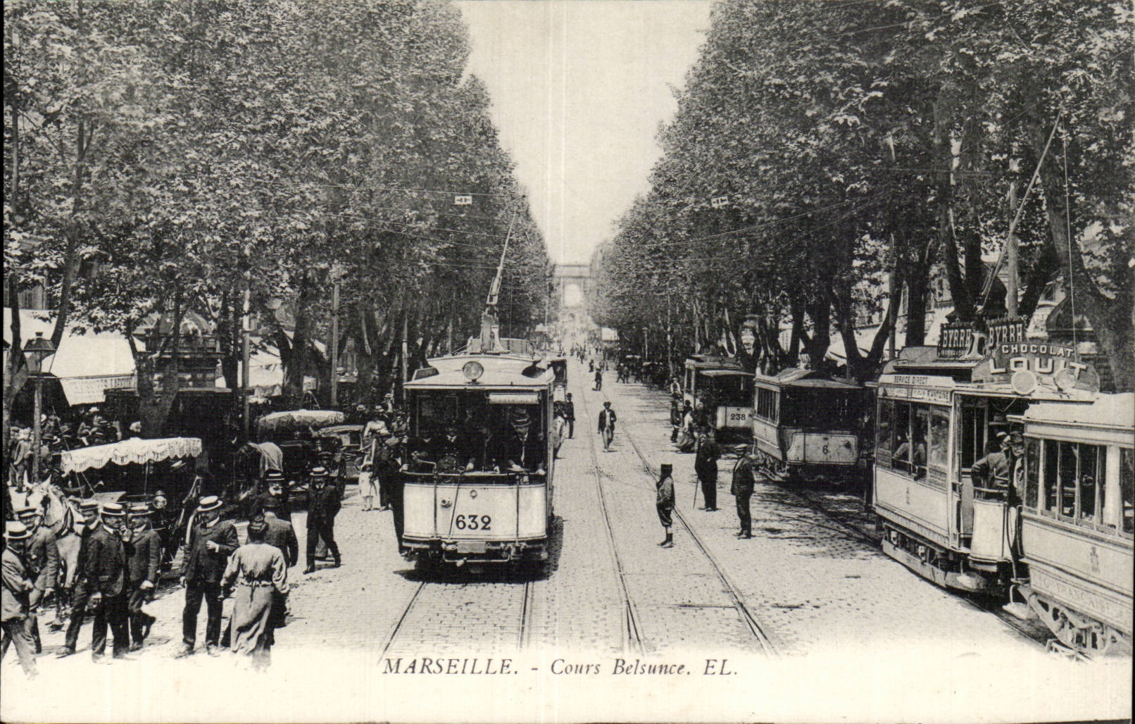 Marseille - Cours Belsunce — tramway n°632 et enseigne 'Byrrh Chocolat Louit' — Éditeur EL.