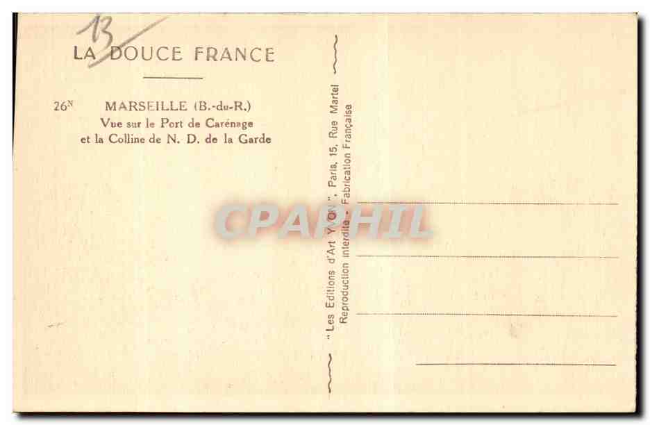 Marseille - Yvon - Port de Carenage - Notre Damz de la Garde - CPA  — Rückseite