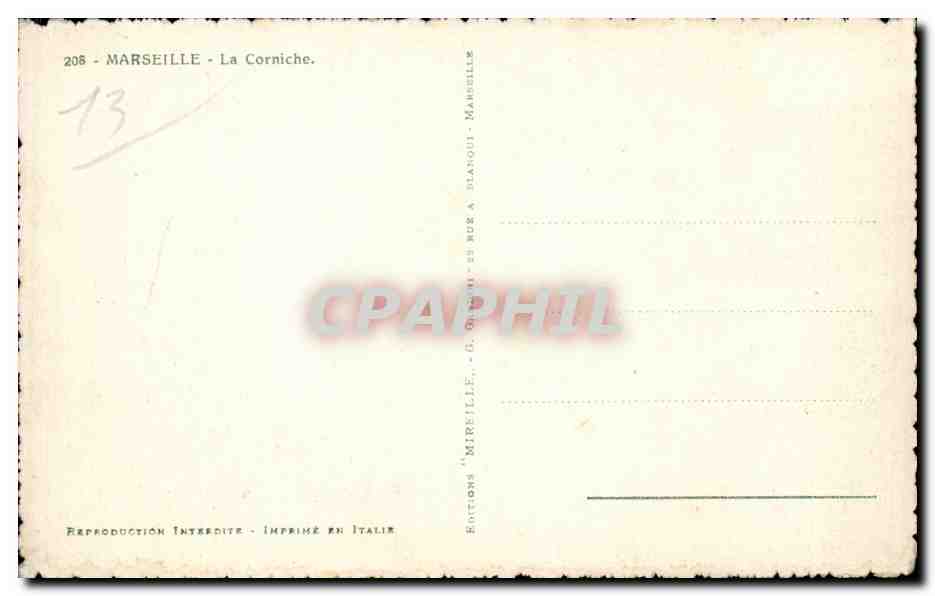 Marseille - La Corniche - CPA  — Verso