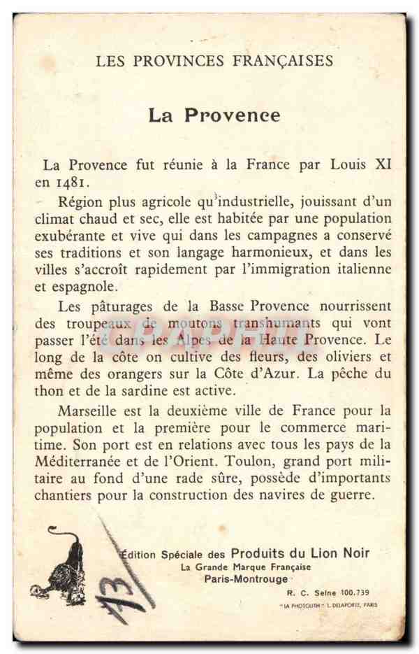 Provence — Les Provinces Françaises — Édition Spéciale des Produits du Lion Noir — Rückseite