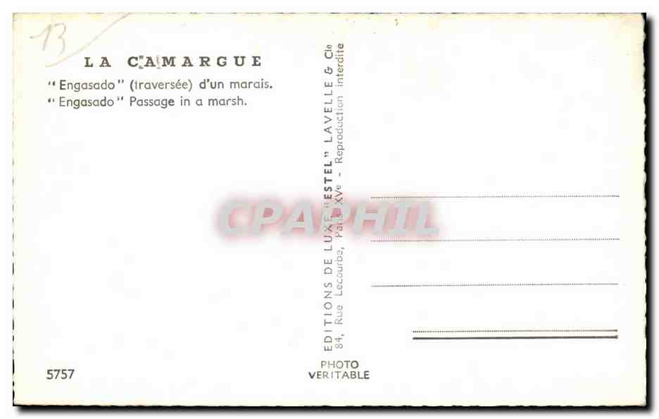 La Camargue — "Engasado" (traversée) d'un marais — Éditions de Lavelle & Cie — Verso