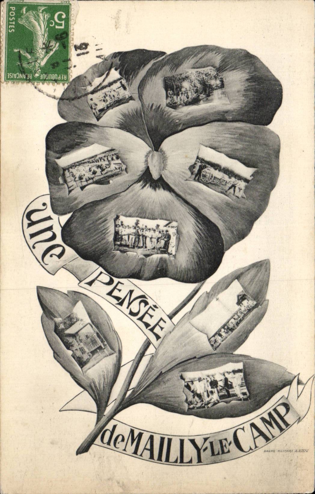Une pensée de Mailly-le-Camp — carte postale artistique avec fleur de pensée intégrant des scènes militaires — éditeur : BAZIN HILTON AIXIEN