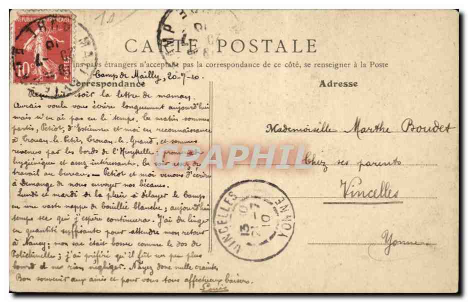 Recuerdo del Campo de Mailly — Bazar Militar en Niels — 17 Julio 1910 — Reverso