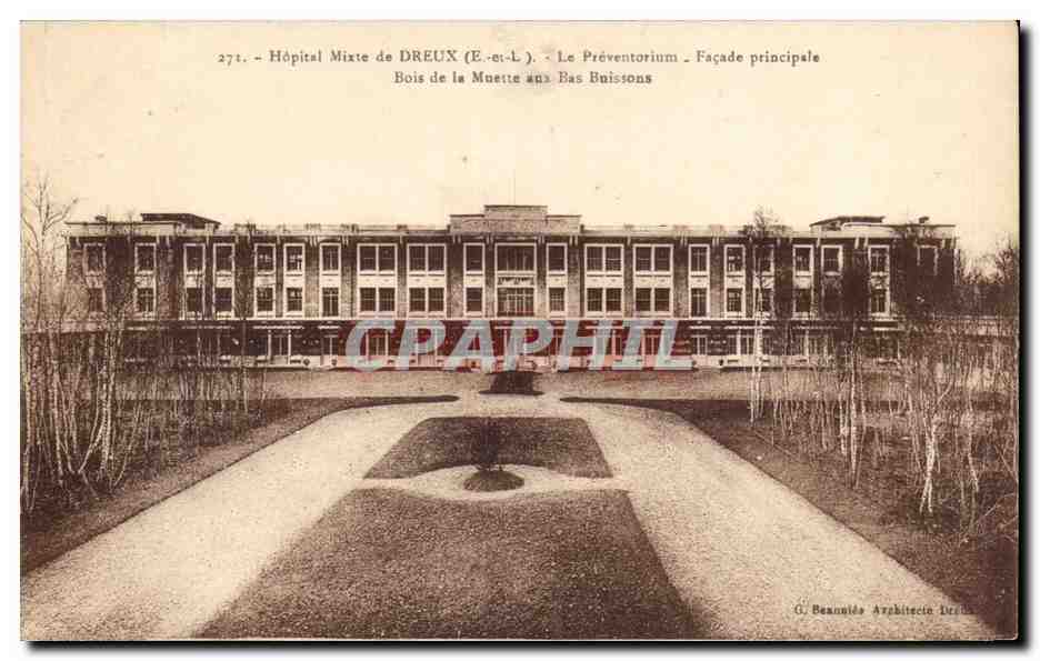 Hôpital Mixte de Dreux (E.-et-L.) — Le Préventorium — Façade principale — Bois de la Muette aux Bas Buissons — G. Beannido Architecte Dreux
