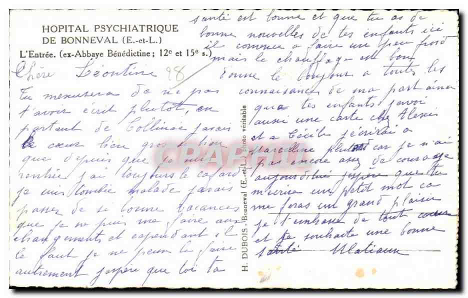 CPSM Hopital psychiatrique de Bonneval L'entree Ex abbaye benedictine — Rückseite