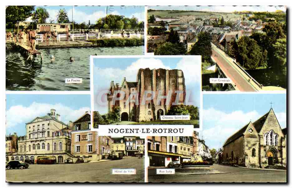 Nogent-le-Rotrou — vista general, castillo de San Juan, piscina, ayuntamiento, calle Sully — Ediciones de la Margot
