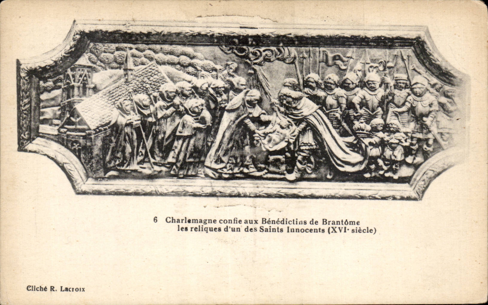 CPA Brantome Charlemagne confie aux Benedictins de Brantome les reliques d'un des saints Innocents (16eme)