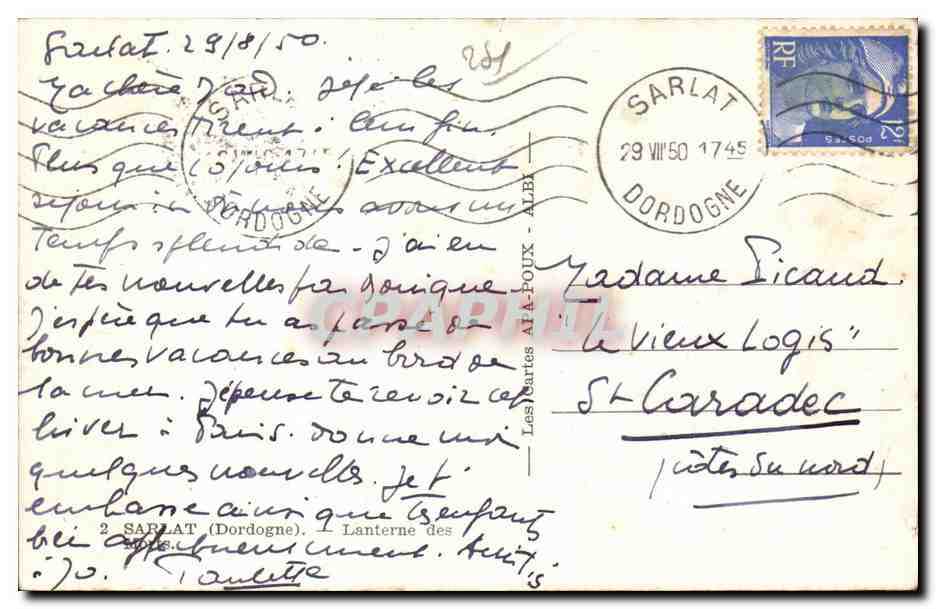 CPA Sarlat Lanterne des morts — Verso