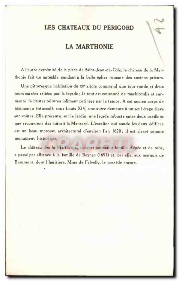 La Marthonie — Châteaux du Périgord — Collection de la Solution Paulatberre, 9e Série — Back
