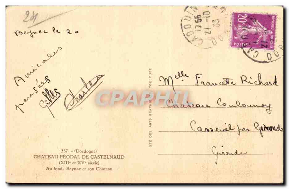 CPA Castelnaud Le chateau feodal Au fond Beynac et son chateau — Rückseite