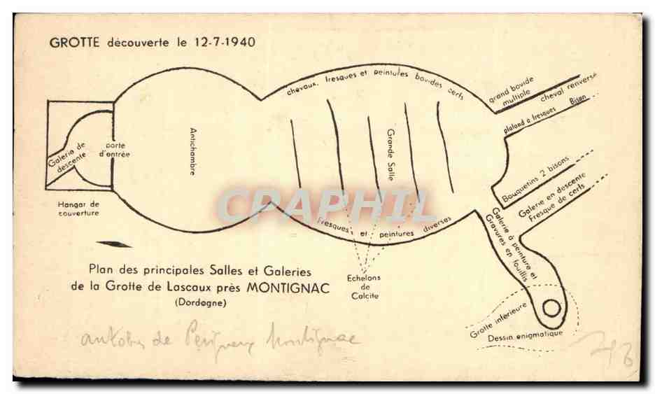 Gravures et dessins enigmatiques de la grotte inférieure — Plan des principales salles et galeries de la grotte de Lascaux près Montignac (Dordogne) — Découverte le 12-7-1940 — Reverso