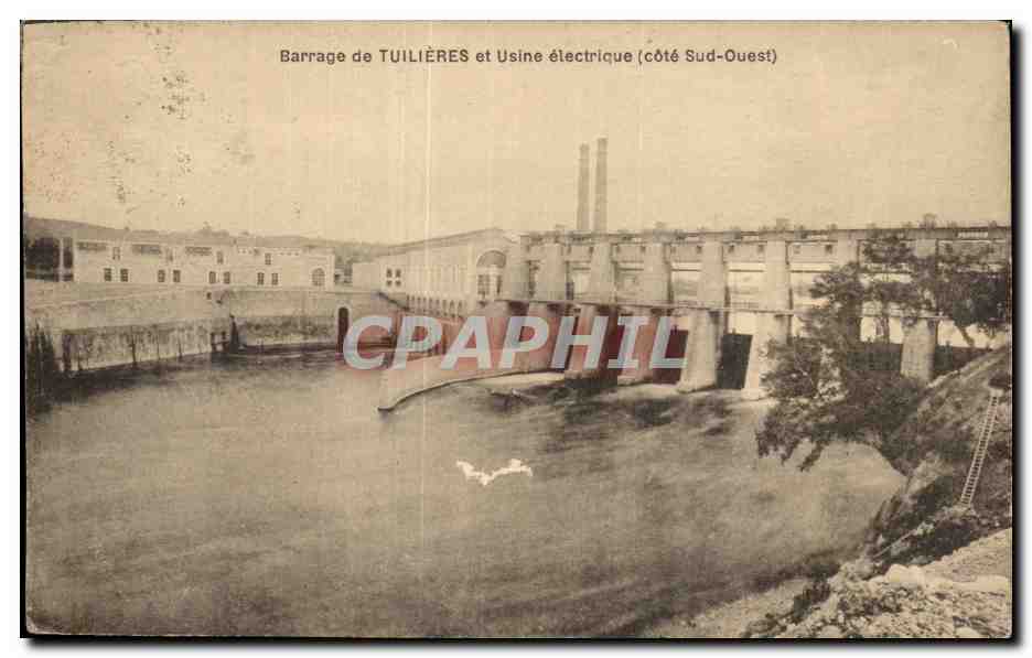 Barrage de TUILIÈRES et Usine électrique (côté Sud-Ouest) — vue industrielle — éditeur non visible