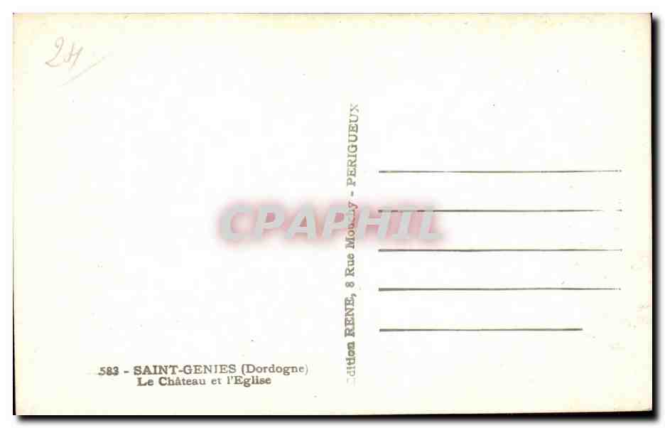 Saint-Geniès (Dordogne) — Le Château et l'Église — Édition RENÉ, 8 Rue Montpensier, Périgueux — Verso
