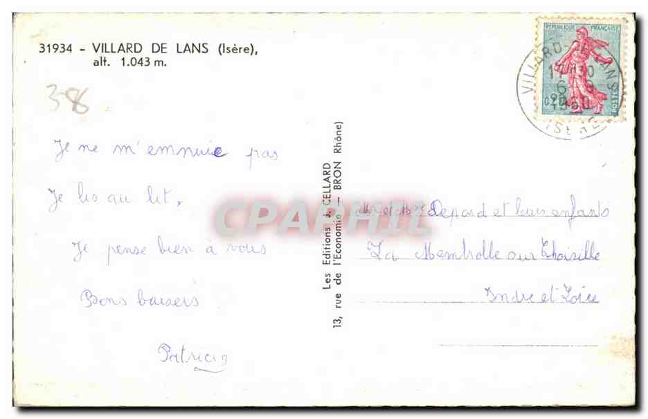 Villard de Lans — Dauphiné — Éditeur Gellard — Verso