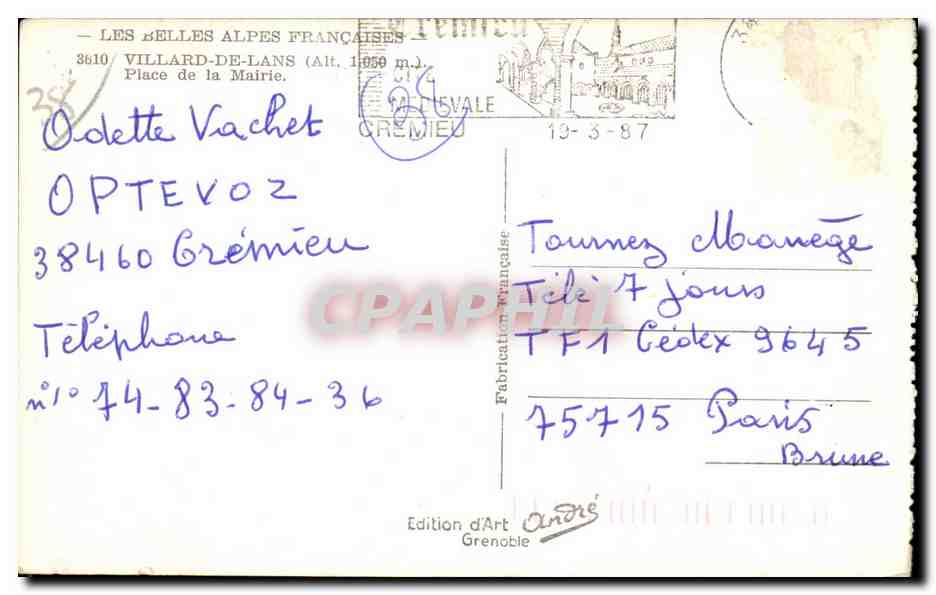 Villard-de-Lans — Place de la Mairie — Édition d'Art André — Verso