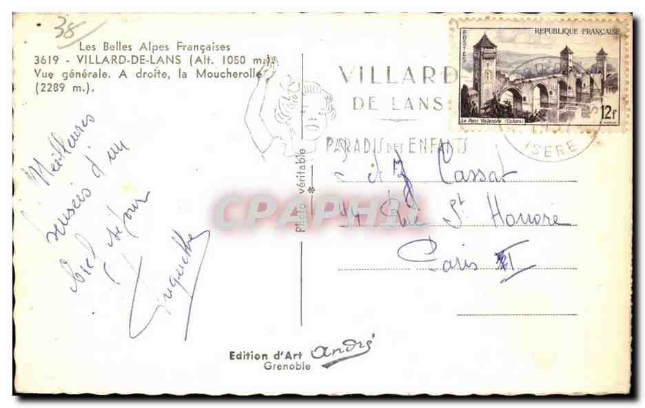 Villard-de-Lans — Vue générale avec la Moucherolle — Édition d'Art André, Grenoble — Verso